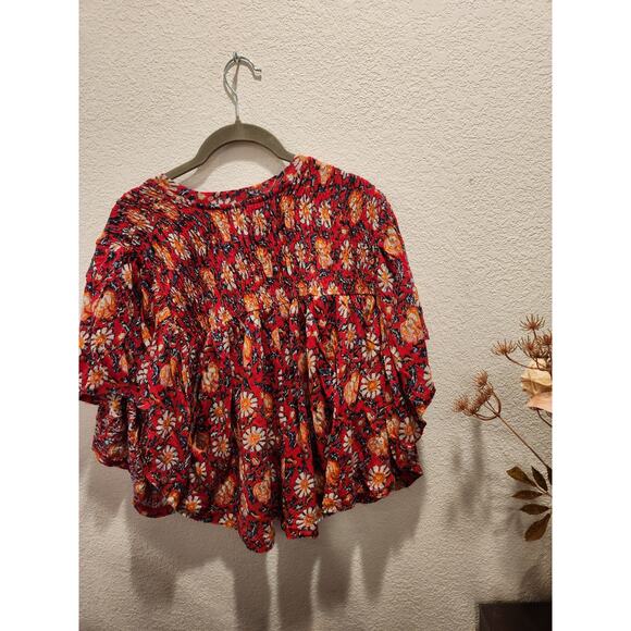 Free People Red‎ Ruffled Linen Crop Top XS NWOT Relaxed Fit Boho Style - Picture 2 of 3